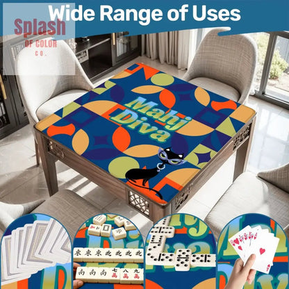 Funny Modern Mahjong Mat, Royal Blue Orange Green Yellow Mahj Diva Sophisticated Kitty - Splash of Color co.