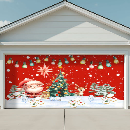 Decorative Christmas garage door with Santa Claus, reindeer, and tree.