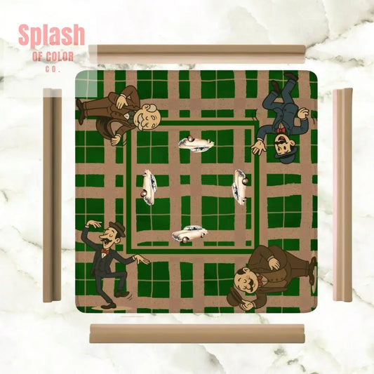 Gentlemen's Mahjong Mat, Dapper Men Classic Cars Green Tan Plaid Mahjong Mat - Splash of Color co.