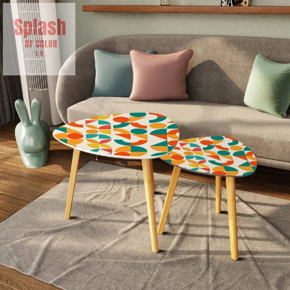 Geometric Orange, Teal Yellow, Color Pop Modern Nesting Triangle Coffee Table Set of 2 - Splash of Color co.