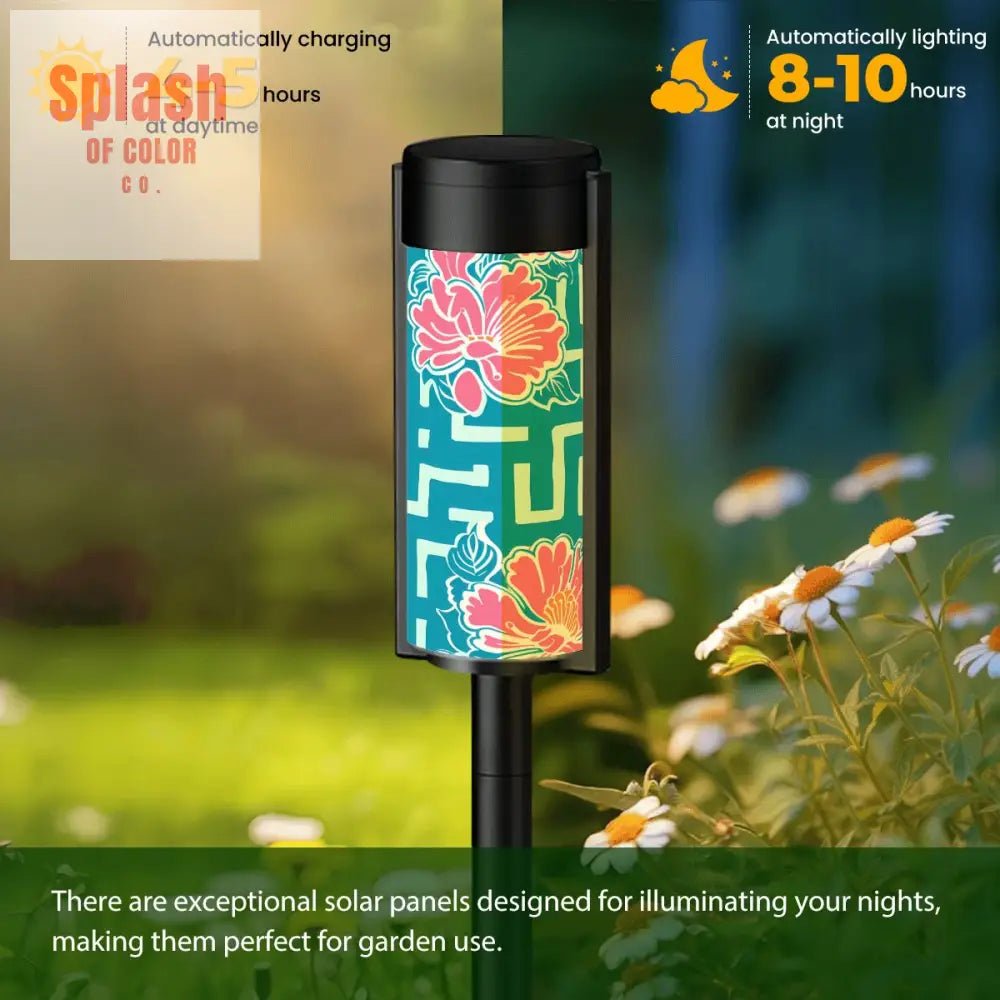 Greek Key Teal Pink Floral Modern Garden Outdoor Solar Lights - 4pcs - Garden Decor