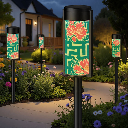 Greek Key Teal Pink Floral Modern Garden Outdoor Solar Lights - 4pcs - Garden Decor