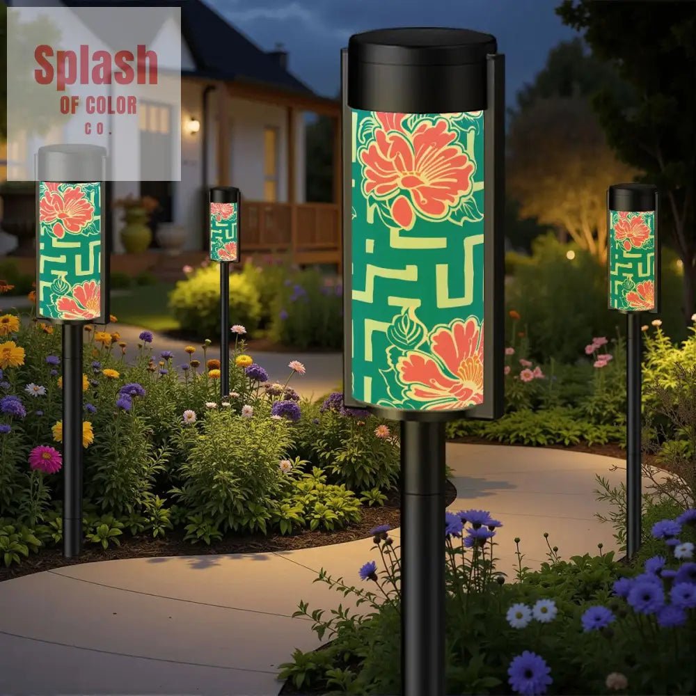 Greek Key Teal Pink Floral Modern Garden Outdoor Solar Lights - 4pcs - Garden Decor
