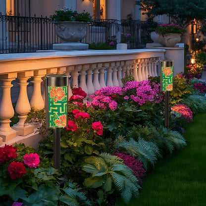 Greek Key Teal Pink Floral Modern Garden Outdoor Solar Lights - 4pcs - Garden Decor