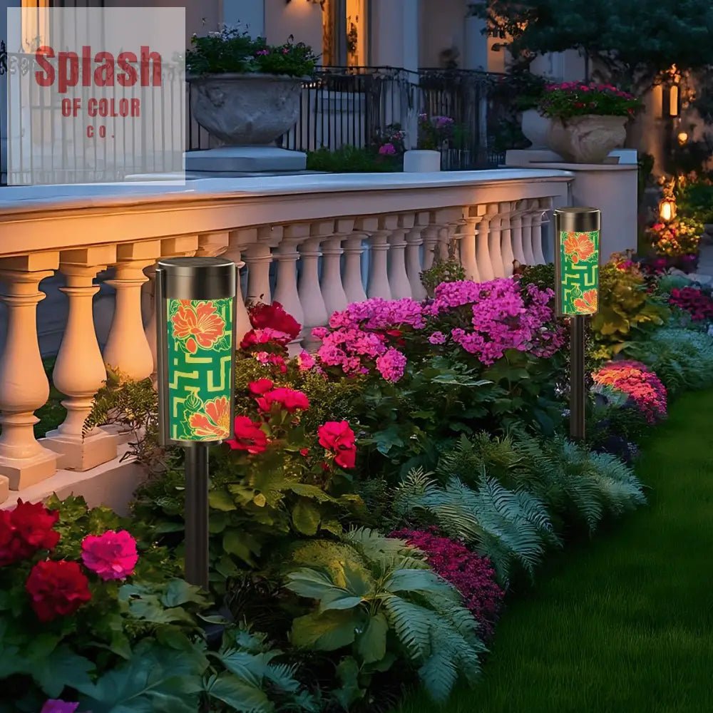 Greek Key Teal Pink Floral Modern Garden Outdoor Solar Lights - 4pcs - Garden Decor