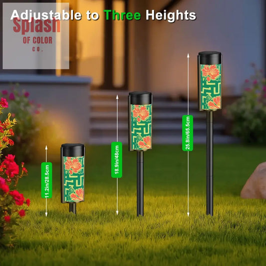Greek Key Teal Pink Floral Modern Garden Outdoor Solar Lights - 4pcs - Garden Decor