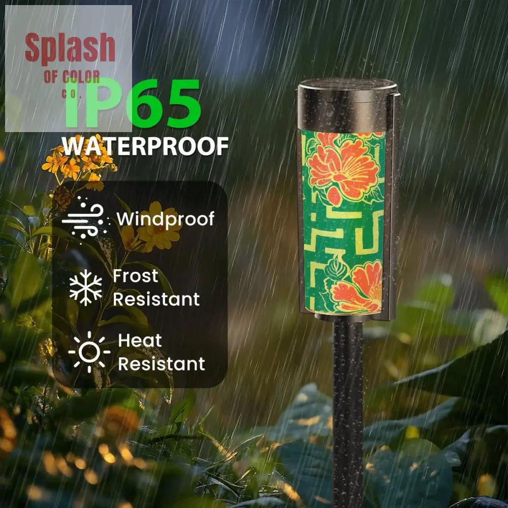 Greek Key Teal Pink Floral Modern Garden Outdoor Solar Lights - 4pcs - Garden Decor