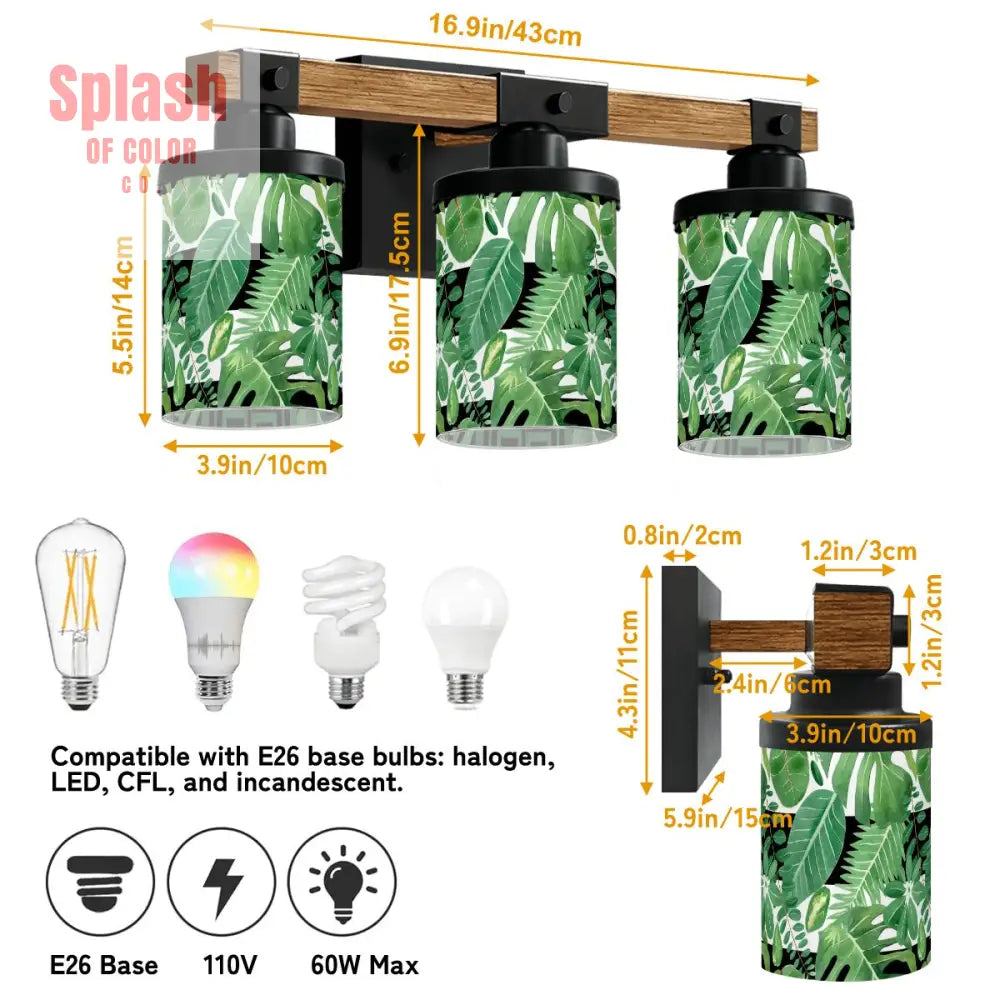 Green Monstera Plant Black Accent Asian Garden Zen Vanity Light Fixture One Size Wall Lighting