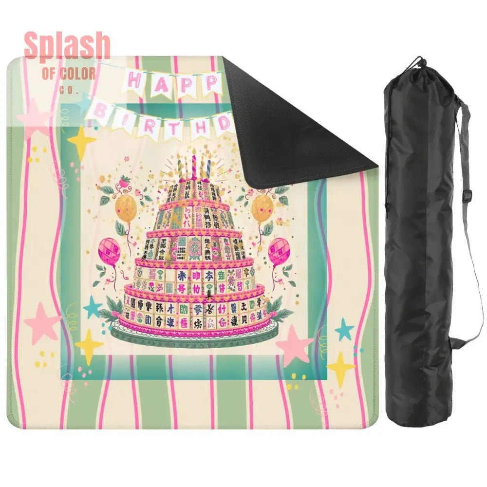 Happy Birthday Mahjong Mat, Tiered Mahjong Cake, Whimsical Pink Green Striped - Splash of Color co.
