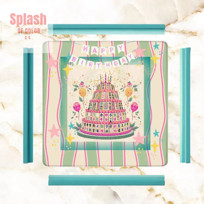Happy Birthday Mahjong Mat, Tiered Mahjong Cake, Whimsical Pink Green Striped - Splash of Color co.