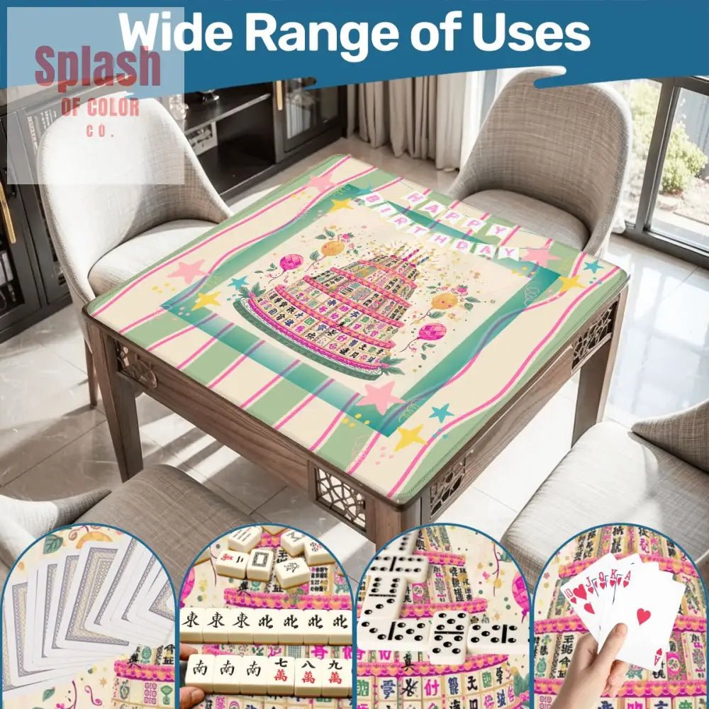 Happy Birthday Mahjong Mat, Tiered Mahjong Cake, Whimsical Pink Green Striped - Splash of Color co.