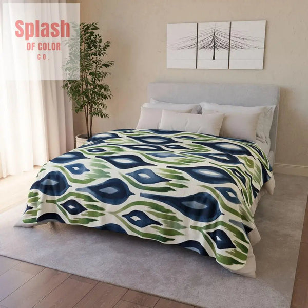 Ikat Boho Blue Green Abstract Ikat Abstract Cozy Fleece Throw Soft Blanket Home Decor Accent Ikat Home Decor