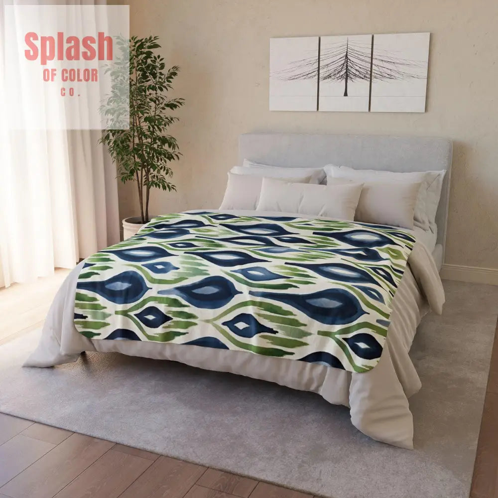 Ikat Boho Blue Green Abstract Ikat Abstract Cozy Fleece Throw Soft Blanket Home Decor Accent Ikat Home Decor