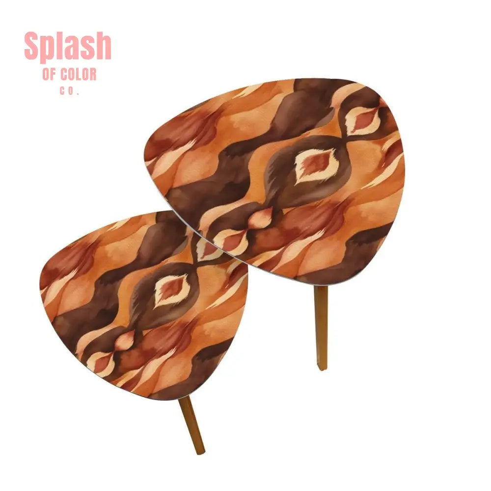 Ikat Boho Nesting Tables Brown Golden Watercolor Bohemian Home Decor Side Tables - One Size