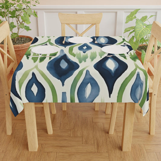 Ikat Modern Watercolor Green Blue Tablecloth - Stylish Spring Summer Bohemian Dining Decor