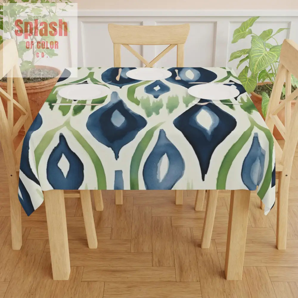 Ikat Modern Watercolor Green Blue Tablecloth - Stylish Spring Summer Bohemian Dining Decor
