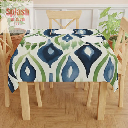 Ikat Modern Watercolor Green Blue Tablecloth - Stylish Spring Summer Bohemian Dining Decor