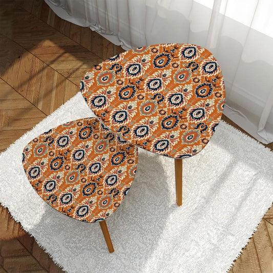 Ikat Paisley Boho Nesting Tables – Modern Bamboo Side Table Set Space-Saving Coffee Tables for Living Room & Bedroom