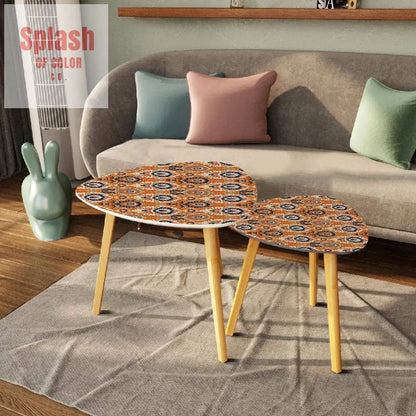 Ikat Paisley Boho Nesting Tables – Modern Bamboo Side Table Set Space-Saving Coffee Tables for Living Room & Bedroom