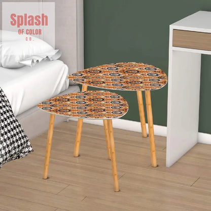 Ikat Paisley Boho Nesting Tables – Modern Bamboo Side Table Set Space-Saving Coffee Tables for Living Room & Bedroom