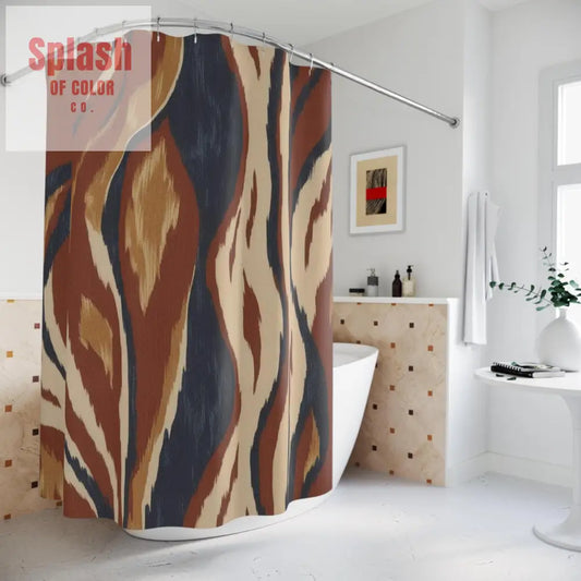 Ikat Watercolor Rustic Bohemian Shower Curtain Brown Blue Beige Unique Modern Bathroom Decor Designer Fabric Bath
