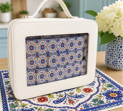 Blue Pottery Porcelain Engraved Chinoiserie Mahjong Tiles And Carry Case