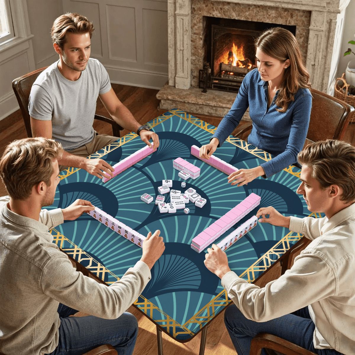 Art Deco Gilded Golden, Blue Speakeasy Collection Mahjong Mat - Splash of Color Co.