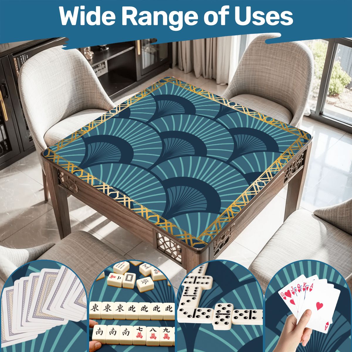 Art Deco Gilded Golden, Blue Speakeasy Collection Mahjong Mat - Splash of Color Co.
