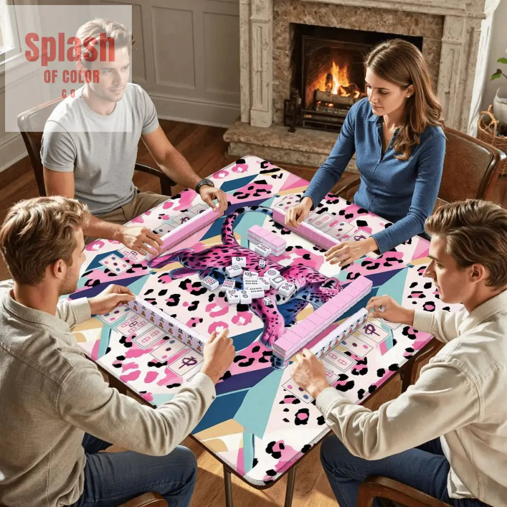 Jungle Leopord Print Wild Thing Playful Preppy Pink Blue Mahjong Mat - 31.5’’x31.5’’ - Daily Accessories