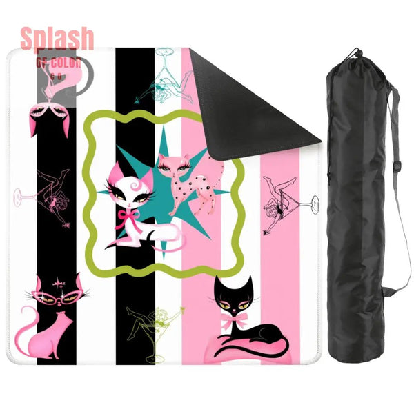 Kitty Cocktail Hour, Black Pink Whimsical Vintage Cats Mahjong Mat - Splash of Color co.