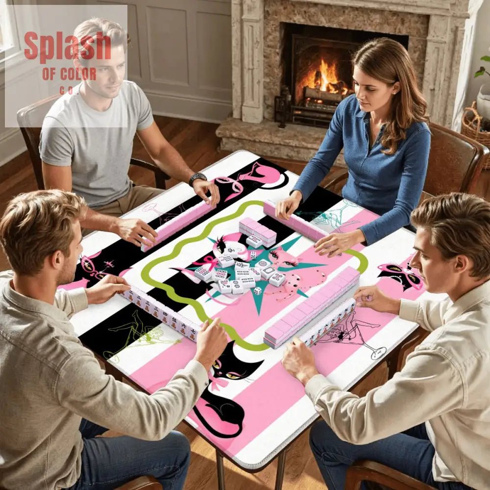Kitty Cocktail Hour, Black Pink Whimsical Vintage Cats Mahjong Mat - Splash of Color co.