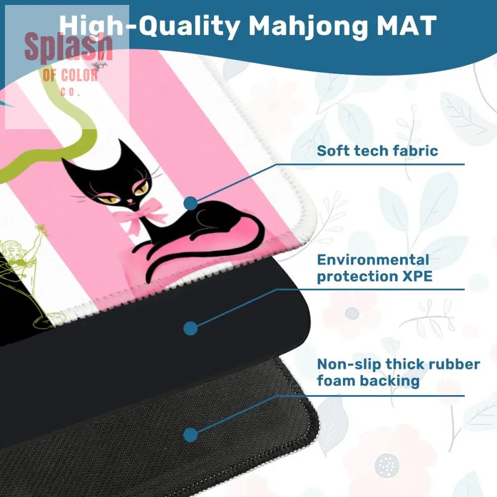 Kitty Cocktail Hour, Black Pink Whimsical Vintage Cats Mahjong Mat - Splash of Color co.