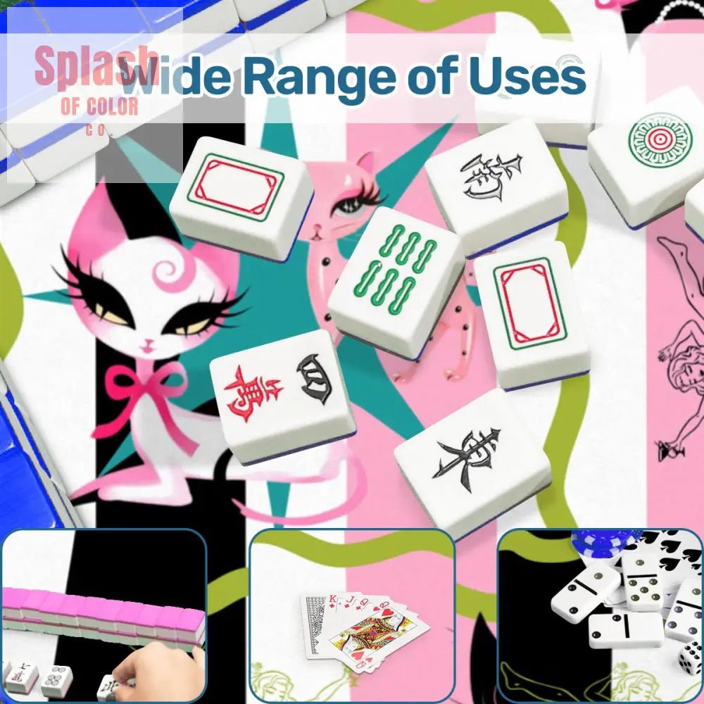 Kitty Cocktail Hour, Black Pink Whimsical Vintage Cats Mahjong Mat - Splash of Color co.