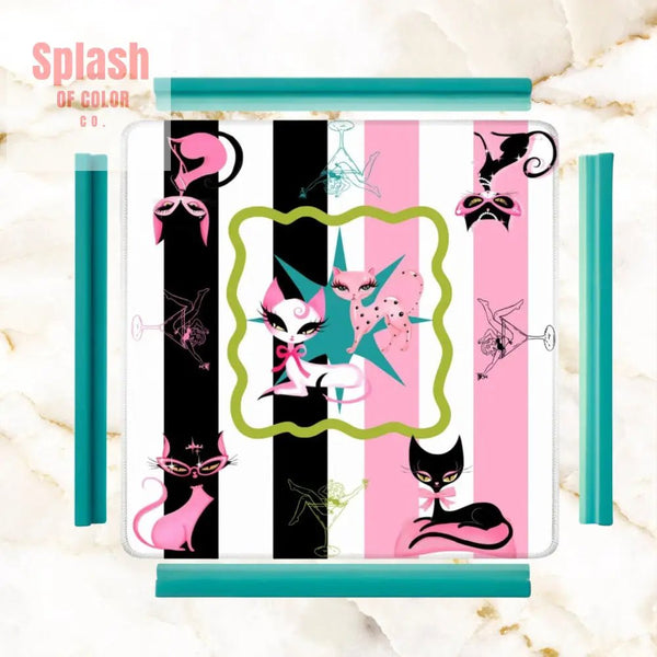Kitty Cocktail Hour, Black Pink Whimsical Vintage Cats Mahjong Mat - Splash of Color co.