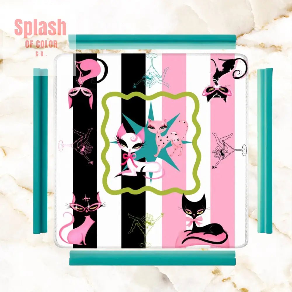 Kitty Cocktail Hour, Black Pink Whimsical Vintage Cats Mahjong Mat - Splash of Color co.