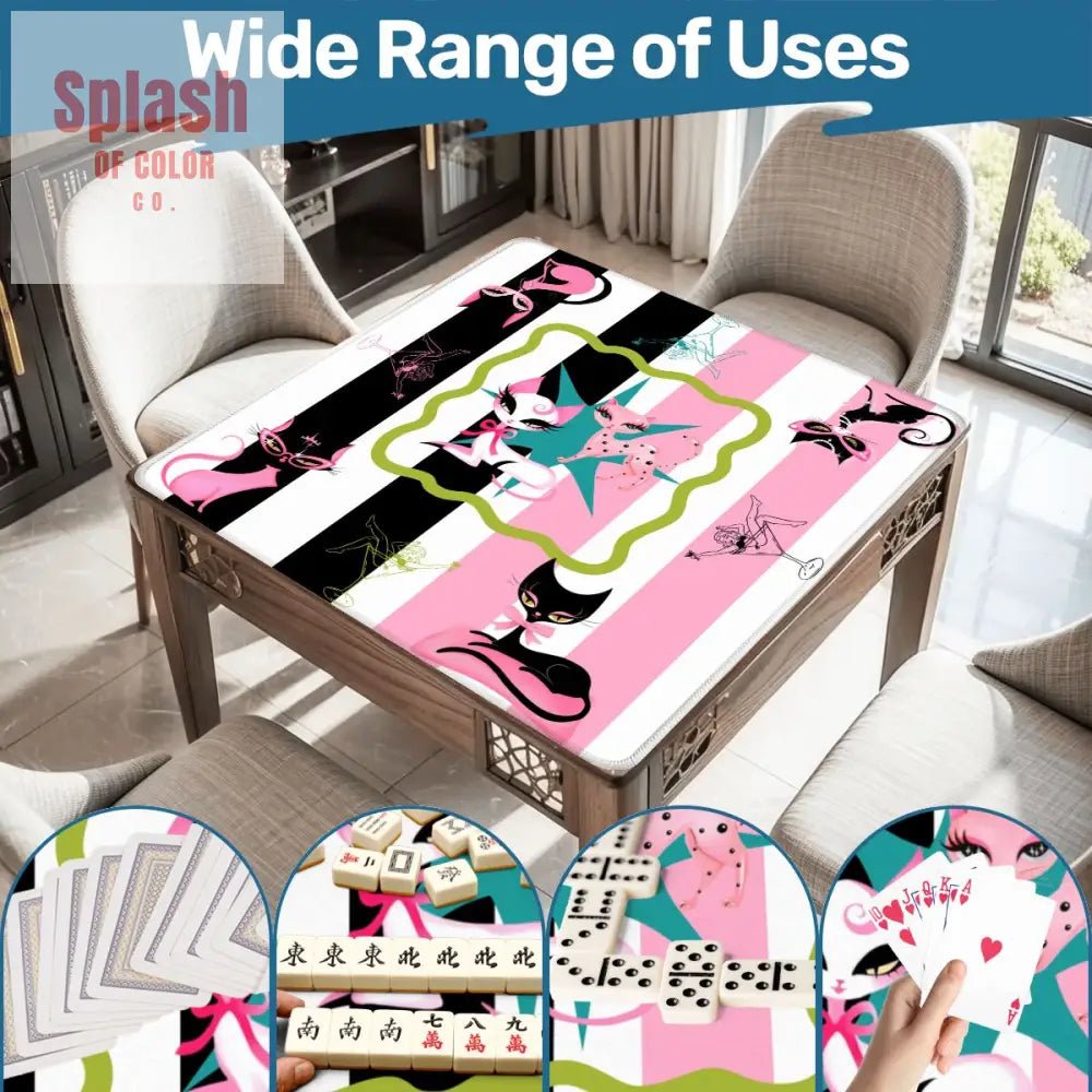 Kitty Cocktail Hour, Black Pink Whimsical Vintage Cats Mahjong Mat - Splash of Color co.