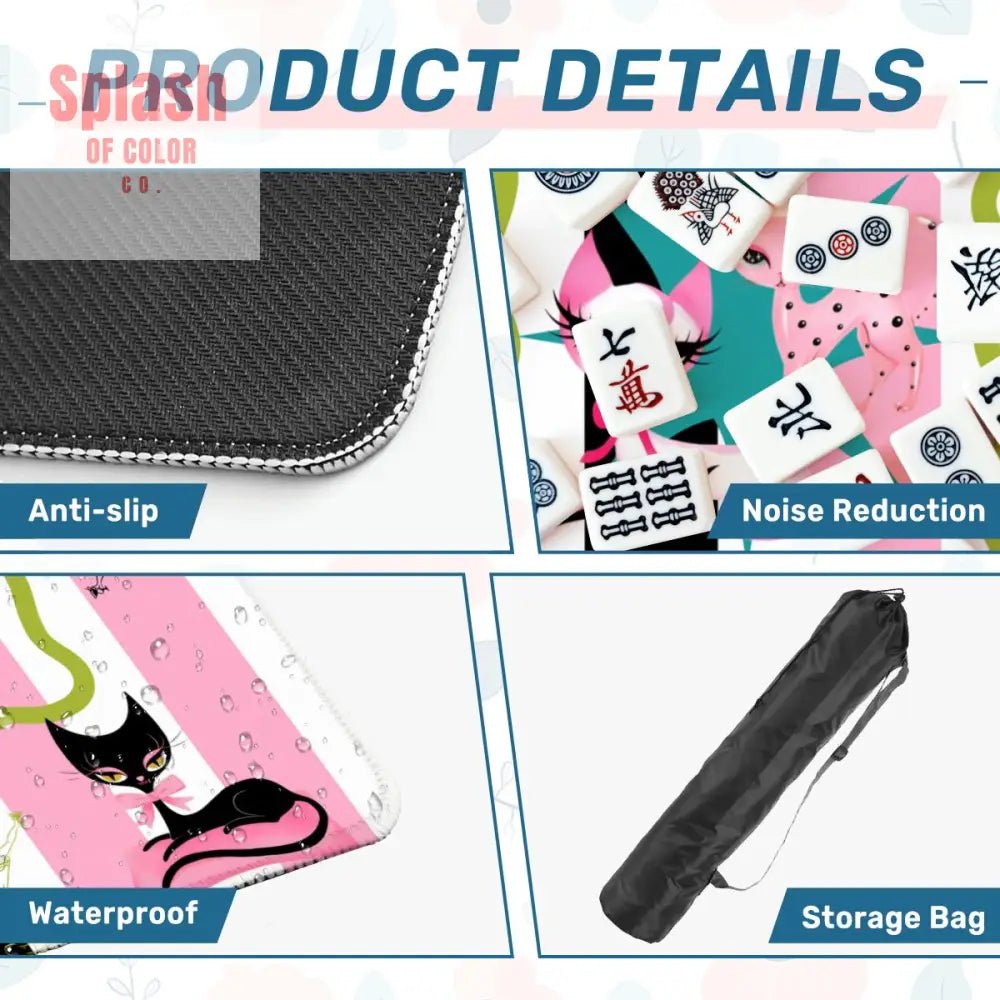 Kitty Cocktail Hour, Black Pink Whimsical Vintage Cats Mahjong Mat - Splash of Color co.