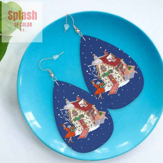 Mahjong Holiday Season Whimsical Tile House And Festive Ladies Teardrop Earrings - Splash of Color co.