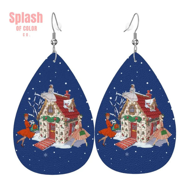 Mahjong Holiday Season Whimsical Tile House And Festive Ladies Teardrop Earrings - Splash of Color co.