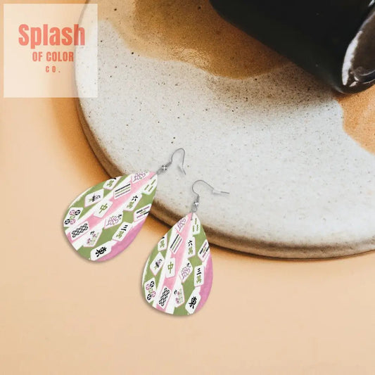 Mahjong Vegan Leather Teardrop Earrings, Pink Green Mahj Tiles - Splash of Color co.