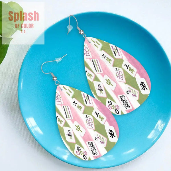 Mahjong Vegan Leather Teardrop Earrings, Pink Green Mahj Tiles - Splash of Color co.