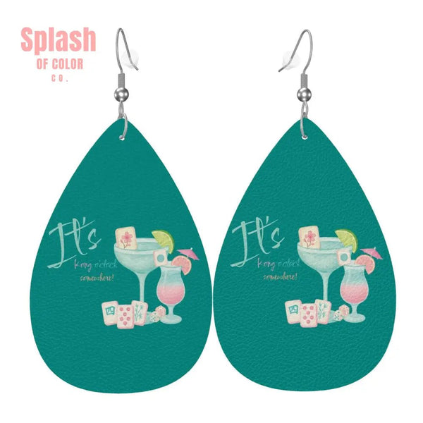Mahjong Cute Funny It's Kong O'Clock Somewhere Vegan Leather Teardrop Earrings - Splash of Color co.