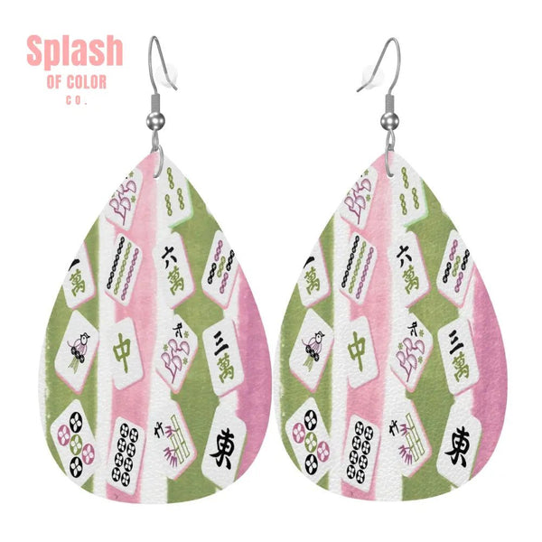 Mahjong Vegan Leather Teardrop Earrings, Pink Green Mahj Tiles - Splash of Color co.