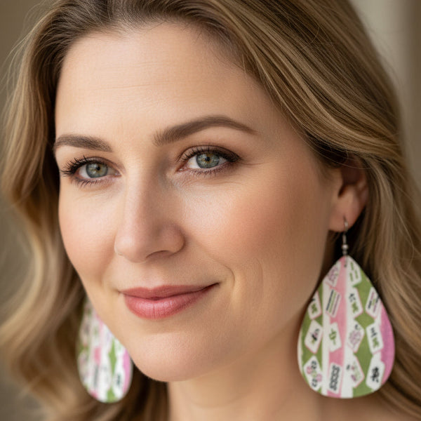 Mahjong Vegan Leather Teardrop Earrings, Pink Green Mahj Tiles - Splash of Color co.