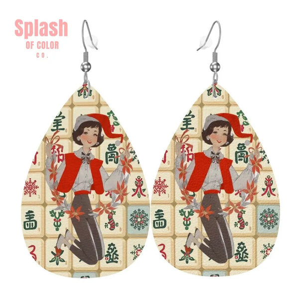 Mahjong Holiday Whimsy Vintage Tiles, Cheerful Christmas Gal Vegan Leather Tear Drop Earrings - Splash of Color co.