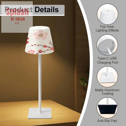 Floral Cherry Blosson Asian Designed Mahjong LED Cordless Table Lamp - Splash of Color co.