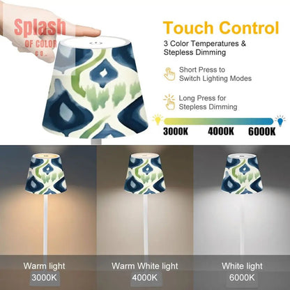 Mahjong Ikat Watercolor Blue, Green LED Cordless Table Lamp - Splash of Color co.