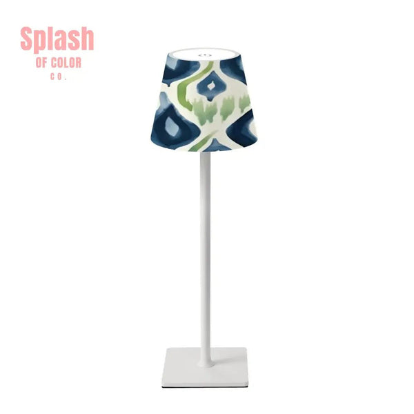 Mahjong Ikat Watercolor Blue, Green LED Cordless Table Lamp - Splash of Color co.