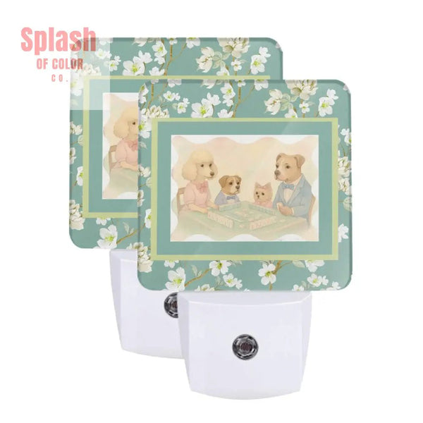 Whimsical Mahjong Dogs Playing Mahjong Floral Blossoms LED Night Light Set of 2 - Splash of Color co.