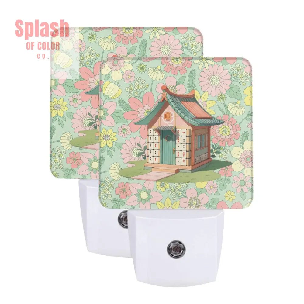 Preppy Cottage Mahjong Tile House, Pink Green LED Night Light Set of 2 - Splash of Color co.